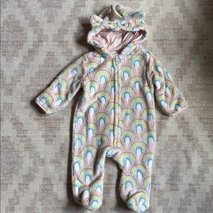 Penelope Mack Rainbow Patterned Soft Baby Footie with Unicorn Hood size 0-3M
